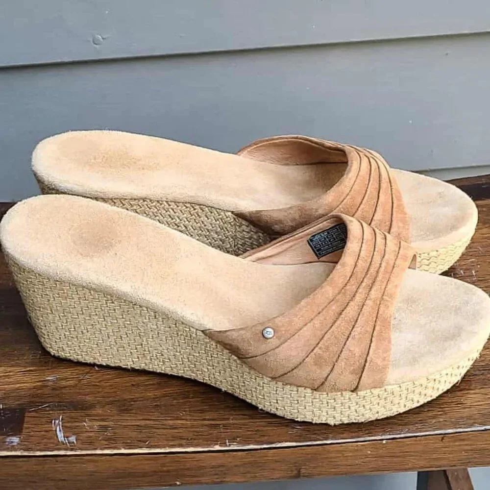UGG Alvina Slip on Beige Suede Jute Wedge Mule Slides size 10